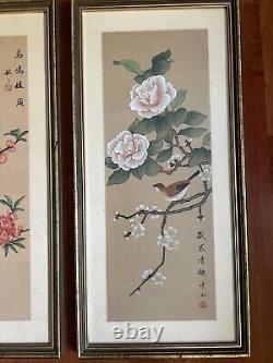 Pair Of Vintage Chinese Hand Painting Bird Flower on Silk Arts Signed