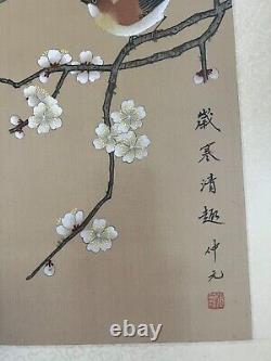 Pair Of Vintage Chinese Hand Painting Bird Flower on Silk Arts Signed