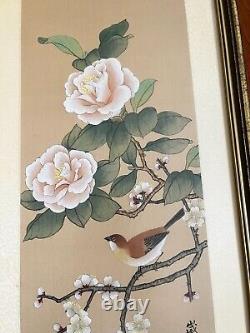 Pair Of Vintage Chinese Hand Painting Bird Flower on Silk Arts Signed