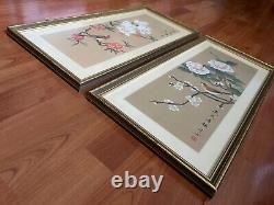 Pair Of Vintage Chinese Hand Painting Bird Flower on Silk Arts Signed