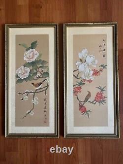 Pair Of Vintage Chinese Hand Painting Bird Flower on Silk Arts Signed