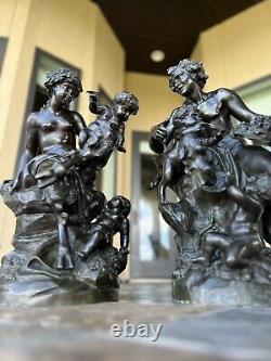 Pair Of antique Clodion Bronze Sculptures. Male And Female Satyrs. Dionysus