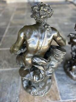 Pair Of antique Clodion Bronze Sculptures. Male And Female Satyrs. Dionysus