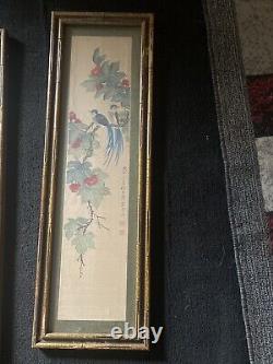 Pair OfAntique Chinese Painting On Silk Birds within Flowers Artist Signed