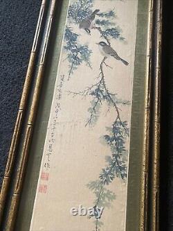 Pair OfAntique Chinese Painting On Silk Birds within Flowers Artist Signed