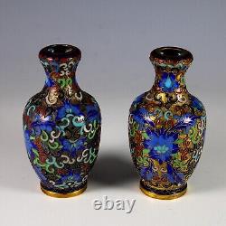 Pair Old Original Copper Gold Plated Miniature Cloisonne Miniature Vases Signed