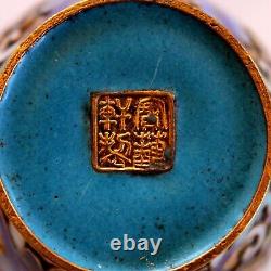 Pair Old Original Copper Gold Plated Miniature Cloisonne Miniature Vases Signed