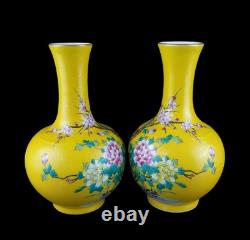 Pair Old Qianlong Signed Chinese Famille Rose Vase Withbird U382