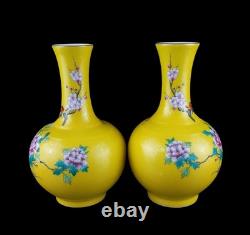 Pair Old Qianlong Signed Chinese Famille Rose Vase Withbird U382