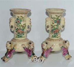 Pair Old or Antique Japanese Satsuma Figural Tripod Vessels Vases Signed'As Is