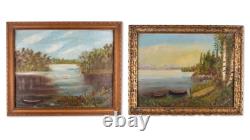 Pair Orig. 1890s Antique Oil Paintings Adirondack White Mtns Lake Signed Clark
