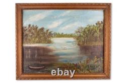 Pair Orig. 1890s Antique Oil Paintings Adirondack White Mtns Lake Signed Clark