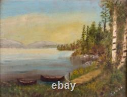 Pair Orig. 1890s Antique Oil Paintings Adirondack White Mtns Lake Signed Clark