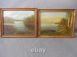Pair Orig. 1890s Antique Oil Paintings Adirondack White Mtns Lake Signed Clark