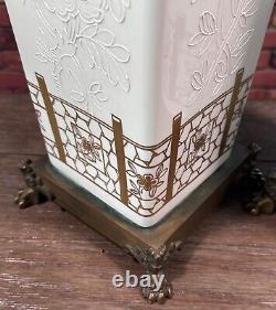 Pair Ormolu Lamps Signed Porcelaine de Paris France Blance de Chine Bird Floral