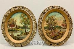 Pair Oval Antique Oil on Canvas Rural Landscape Countryside American Artist