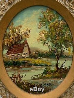 Pair Oval Antique Oil on Canvas Rural Landscape Countryside American Artist