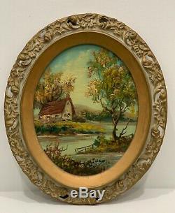 Pair Oval Antique Oil on Canvas Rural Landscape Countryside American Artist