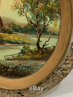 Pair Oval Antique Oil on Canvas Rural Landscape Countryside American Artist