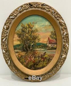 Pair Oval Antique Oil on Canvas Rural Landscape Countryside American Artist