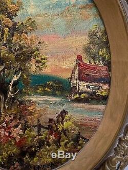 Pair Oval Antique Oil on Canvas Rural Landscape Countryside American Artist