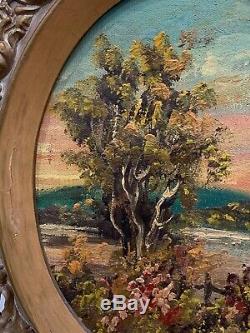 Pair Oval Antique Oil on Canvas Rural Landscape Countryside American Artist