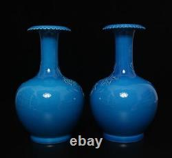Pair Qianlong Signed Chinese Blue Glaze Porcelain Vase withphoenix