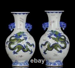 Pair Qianlong Signed Old Chinese Doucai Vase With dragon N1125