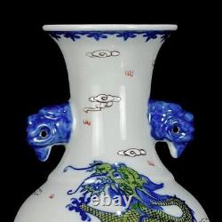 Pair Qianlong Signed Old Chinese Doucai Vase With dragon N1125