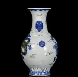 Pair Qianlong Signed Old Chinese Doucai Vase With dragon N1125