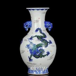 Pair Qianlong Signed Old Chinese Doucai Vase With dragon N1125