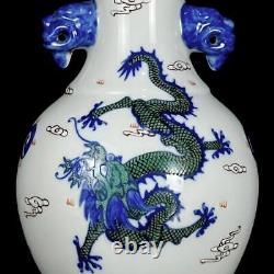 Pair Qianlong Signed Old Chinese Doucai Vase With dragon N1125