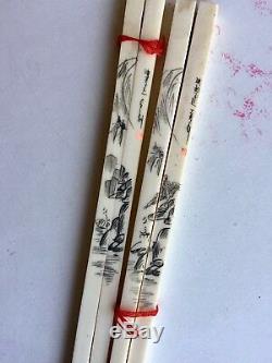Pair Rare Antiqu Hand Carved Signed Chinese Bone Chopsticks In Original Box