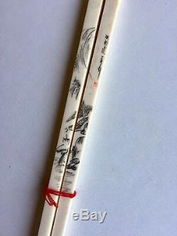 Pair Rare Antiqu Hand Carved Signed Chinese Bone Chopsticks In Original Box