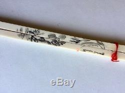 Pair Rare Antiqu Hand Carved Signed Chinese Bone Chopsticks In Original Box