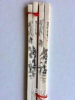 Pair Rare Antiqu Hand Carved Signed Chinese Bone Chopsticks In Original Box