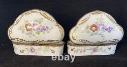 Pair Rare Matching Antique French Signed Florals Triangle Limoges Trinket Box