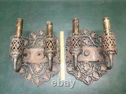 Pair Rare OSCAR BACH Cast Bronze Wall Sconces Light Fixtures c. 1920 Signed