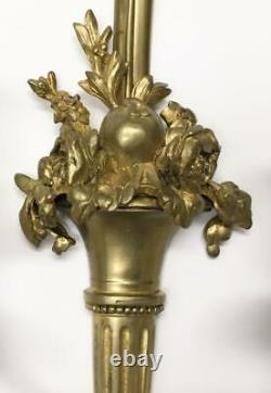 Pair SIGNED Louis XV Adam Style Bronze Gold Wall 2 Candle Sconce Castle Palatial