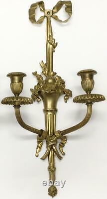 Pair SIGNED Louis XV Adam Style Bronze Gold Wall 2 Candle Sconce Castle Palatial