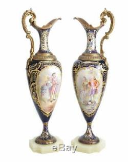 Pair Sevres France Porcelain Ewers with Bronze Mounts Cobalt Blue Signed