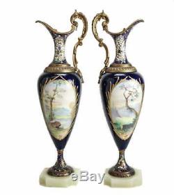 Pair Sevres France Porcelain Ewers with Bronze Mounts Cobalt Blue Signed