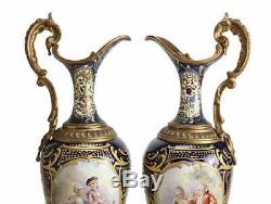 Pair Sevres France Porcelain Ewers with Bronze Mounts Cobalt Blue Signed