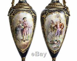 Pair Sevres France Porcelain Ewers with Bronze Mounts Cobalt Blue Signed