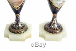 Pair Sevres France Porcelain Ewers with Bronze Mounts Cobalt Blue Signed