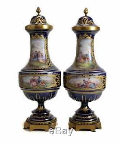 Pair Sevres France Porcelain Lidded Urns Cobalt Blue Signed 19th Century