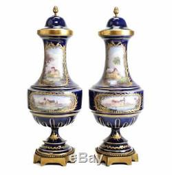 Pair Sevres France Porcelain Lidded Urns Cobalt Blue Signed 19th Century