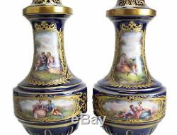 Pair Sevres France Porcelain Lidded Urns Cobalt Blue Signed 19th Century