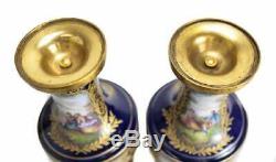 Pair Sevres France Porcelain Lidded Urns Cobalt Blue Signed 19th Century