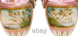Pair Sevres Hand Painted Porcelain Twin Handled Miniature Urns, c1900, Signed